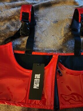Dolls Kill. Poster Girl Red Patent Zip-Front Bustier with Black Straps